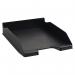 This photo features sleek, black Exacompta letter trays from the Forever collection. The trays have a modern design and are stacked neatly on top of each other, creating a clean and organized look. The Exacompta logo is visible on the front tray.