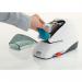 This product is a compact and efficient stapling solution, with a cassette containing 5000 staples and a sleek design. The dark exterior is accented with brand labeling and the words Rapid 5050 Cassette near the top. Staples can be easily dispensed through the bottom.