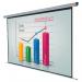 The photograph shows a sleek, modern electric projection screen from ACCO Brands. It is the Nobo 1901973 model, measuring 2400 x 1800mm and featuring a clean white surface. The wall-mounted screen is ideal for professional presentations and conferences. It boasts smooth and quiet electric operation for a seamless display experience.