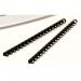 The photograph shows a stack of sleek black plastic combs, measuring 8mm in diameter. The combs feature the Fellowes brand name and have a smooth, glossy finish. They are neatly arranged on a white background, ready for use in binding documents or reports.