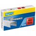 The picture shows a row of ACCO Brands Staples Rapid Staple 9 Super Strong 22630J stacked on top of each other. The staples are silver and have a sharp point at one end. The packaging is blue and features the brands logo and product name. Several staples have been removed from the package and are lying next to it. In the background, there are office supplies and a desk visible.