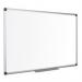 The photograph depicts a sleek, modern whiteboard with a glossy melamine surface. The board is framed with durable aluminium and measures 1800x1200mm in size. It is adorned with the brand name Bi-Silque and features the Bi-Office Maya design. The board is perfect for use in offices and classrooms alike, providing a smooth and easy-to-clean surface for writing and displaying information.