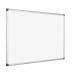 This image features a Bi-Silque drywipe board from Bi-Office, with a sleek and durable aluminium frame. The surface is made of enamel and is a crisp white color, measuring 1500x1000mm in size. The board has a smooth finish and is perfect for writing and erasing with markers.