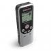 The Philips Dictation Philips DVT1250 Digital Voice Tracer 28585J appears compact and sleek, with a black exterior and a small LCD screen. The device features a built-in microphone and control buttons for easy recording and playback. The screen displays clear, bold text and icons, making it user-friendly.