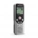 This photo shows the Philips Dictation Philips DVT1250 Digital Voice Tracer 28585J, a handheld device with a sleek black design. The front features a clear display screen and a microphone, while the back has a USB port for easy file transfer. The buttons are neatly arranged for easy navigation.