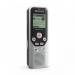 A sleek, black digital voice recorder with the Philips logo on the front. The screen displays the current recording time, and a small red LED light indicates that the device is in use. The built-in microphone is visible at the top of the recorder.