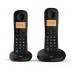 This photo shows two sleek, black cordless telephones from British Telecom. Both phones feature a call blocker and use DECT technology. The base unit is pictured, with a large display screen and multiple buttons.