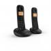 Two sleek, black cordless telephones with a large, easy-to-read display sit side by side on a charging base. The BT Everyday Twin Dect Call Blocker Telephone 28874J features a call blocker function and DECT technology for crystal clear conversations. Perfect for any modern home or office.