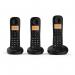 The image shows a set of modern British Telecom cordless telephones with a sleek design and bright screens. The trio includes a call blocker function for added convenience. The DECT technology ensures clear and reliable calls.