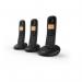A photo of the British Telecom Cordless Telephones BT Everyday Trio Dect Call Blocker Telephone 28875J features three sleek and modern telephones in black and silver, each with a large LCD display and illuminated keypad. The cordless handsets include caller ID, speakerphone, and a call blocking feature for added convenience.