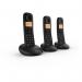 The photograph features the sleek and modern design of three British Telecom cordless telephones in the BT Everyday Trio Dect Call Blocker model 28875J. The phones are set on a tabletop, displaying a large and easy-to-read screen and a user-friendly keypad. The telephones are equipped with call blocking technology and boast a simple yet elegant style.
