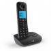 This image shows a British Telecom cordless telephone, specifically the BT Essential Single Dect model with call blocker function and an answer machine. The sleek and modern design features a single handset and base, with clearly labeled buttons and a digital display screen. The telephone also includes a built-in antenna and charging stand.