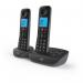 This picture features the British Telecom Essential Twin Dect Call Blocker Telephone with Answer Machine. The set includes two cordless phones with sleek black design, illuminated keypad, and easy-to-use buttons. The base station has a built-in answering machine and call blocker feature.