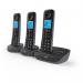 This photograph features a British Telecom cordless telephone with a sleek design. It includes three handsets, a call blocker function, and an answer machine. The display screen and buttons are clearly visible, making it easy to use.