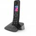 This photo features a sleek British Telecom cordless telephone with a premium single Dect call blocker and an answer machine. The design is contemporary and modern, with a black base and silver accents. The handset has a clear display screen and a large buttons for easy use.