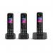 The photo shows three sleek, black cordless telephones with a built-in answering machine. The front display reveals the caller ID and the back features a call blocker function. The handsets sit perfectly in the charging dock, offering convenient and advanced communication technology.