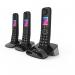 This picture shows three British Telecom cordless telephones in sleek black and silver designs. The trio set includes a premium Dect call blocker and an answer machine, making it the perfect addition to any modern household or office setting.