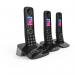The image shows a sleek, modern cordless telephone set from British Telecom. It includes three handsets, a built-in answering machine, and a call blocker function. The design is simple yet stylish, perfect for any home or office. The black and silver color scheme gives it a professional look, while the large buttons and clear display make it user-friendly. Overall, a reliable and advanced telephone choice.