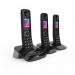 This image features a set of sleek, modern British Telecom cordless telephones. The trio includes a base unit, handset, and additional charging unit, all in a glossy black finish. The phones feature a built-in answer machine and call blocker using DECT technology for clear calls.