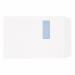 The photo shows a stack of 5 star C4 envelopes, with the brand name and PEFC logo clearly visible. The envelopes have a self-seal closure, a window for addressing, and are made from high-quality 90gsm paper. The size is 324x229mm and they are white in color. The pack contains 250 envelopes.