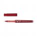 This image showcases a set of 10 red Hi-Tecpoint V7 refillable pens, including fineline and needlepoint styles, perfect for writing or drawing. The pens are organized neatly on a desk alongside other school stationery items.