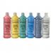 The photo shows a set of 6 600ml bottles of school stationery ready mixed paint. Each bottle contains washable paint in a different color, creating a vibrant assortment. The bottles are neatly arranged in a row, with their labels facing forward and the caps tightly sealed. The paint is ready for use, guaranteeing bright and mess-free artwork.