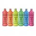 A vibrant array of 600ml fluorescent paint bottles sit neatly on a classroom shelf. The School Stationery Ready Mixed Paint Classmates Fluorescent Ass set includes six different colors, perfect for any art project.