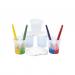 This image shows two double dip divided pots which are perfect for organizing school stationery art accessories. Each pot has two compartments, one for pencils and one for markers, and is labeled with the type of writing utensil. The pots are colorful and have a glossy finish. The background is white and there are pens, markers and crayons scattered around the pots.