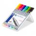 This image shows 10 Staedtler Triplus Fineliner pens in a variety of vibrant colors. The pens have a slender, needlepoint tip perfect for precise and detailed writing or drawing. The pens are lined up next to each other, ready to be used for any school task.