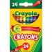 A colorful collection of 24 standard-sized crayons by Crayola, perfect for school stationery. The box includes assorted shades, from bright red to deep blue, all neatly organized and ready for creative projects.