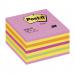A brightly-colored, square cube of neon pink Post-it Notes sits on a desk, surrounded by assorted school stationery like pencils, erasers, and markers. The 76x76mm size is perfect for jotting down reminders or notes.