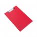 In this picture, you see a bright red Rapesco Foldover Clipboard designed specifically for foolscap size paper. The sturdy clip holds papers securely while the foldover cover protects them from damage. The sleek design makes it ideal for use in any setting.
