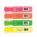 The photo displays four Q-Connect highlighters in assorted colors. Each pen has a slim design with a clip on the cap. The tips are chisel-shaped for precision highlighting. The product name is printed on the side of each pen in white.