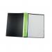A black Q-Connect Presentation Display Book with 40 pockets, designed for A4 sized documents. The cover features the Q-Connect logo and the spine has the product name. The display book is open, showing neatly organized pages with clear plastic sleeves to protect the documents.