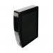 The picture shows a sleek black Q-Connect box file made of durable polypropylene. The file is designed to hold foolscap sized documents and is labeled with the brand and model number. It features a top opening and a clear label holder for easy organization.