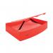 The photograph captures a bright red Q-Connect Polypropylene PolyBox File with the brand name and product description clearly visible on the label. The file is in Foolscap size and can hold multiple box files with its practical design.