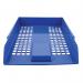 The image features a stack of bright blue Q-Connect letter trays, with smooth sides and a sturdy construction. The trays are neatly organized on a desk or shelf, with paper or documents visible inside. The Q-Connect logo is displayed on the front of each tray, adding a professional touch.