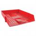 This picture features a vibrant red Q-Connect letter tray with the brand name and product label clearly visible. The tray is rectangular in shape with a sleek and modern design. It is filled with papers and documents, showcasing its practical and functional use.