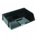 The picture shows a stack of black letter trays, made by Q-Connect. The trays have a wide entry to fit standard letters and are perfect for organizing paperwork and mail.