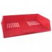 The image shows a stack of three bright red letter trays, each with a wide entry for easy access. The trays are from the brand Q-Connect.