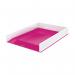 This image shows a sleek, modern letter tray from ACCO Brands. The tray features a dual color design in white and pink, with the brand name Leitz WOW displayed prominently. The tray is stacked with papers and papers are neatly organized within it. The overall look is clean and professional.