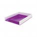 This photograph captures a modern and vibrant office supply – the ACCO Brands Letter Trays Leitz WOW Letter Tray in white and purple. The dual-color design adds a pop of personality to any workspace.