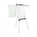 This photo features the Nobo Shark Flipchart and Drywipe Easel in blue and silver, along with a pack of Nobo Flipchart Easels & Pads. The easel is set up and ready to use, with the pad attached and markers placed in the tray. The sleek and modern design of the easel stands out in the room.