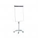 This photograph features a dark blue Nobo Barracuda Mobile Flipchart and Drywipe Easel. It includes Nobo Flipchart Easels and Pads, creating a sleek and professional presentation setup. The mobile design allows for easy transport and the flipchart easel provides a convenient writing surface.
