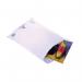 The photograph shows a pack of 100 Ampac padded envelopes. They are made with extra strong polythene and have a bubble lined interior for added protection. The envelopes are white in color and measure 230x345mm.