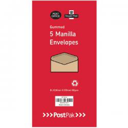 Cheap Stationery Supply of Postpak DL Gummed Manilla 70gsm 5 Packs of 20 Envelopes 9731634 POF27432 Office Statationery