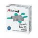 This photograph shows a pack of 5000 Rexel No 25 staples, each measuring 4mm, made by Rexel. The staples are neatly stacked and packaged, ready to be used for securing papers and documents.
