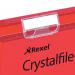 The image shows a pack of 25 bright red suspension files from ACCO Brands Suspension Filing Rexel Crystalfile Extra. Each file has a capacity of 15mm, providing ample storage space for important documents. The crystal clear labeling system makes it easy to identify and organize files. These suspension files are designed for optimal functionality and durability.