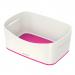 The image shows a set of colorful storage boxes in white and pink, from the Leitz MyBox WOW collection. The boxes are rectangular and measure approximately 246 x 98 x 160 mm. The set comes in an outer carton containing 4 boxes. Perfect for organizing and adding a pop of color to any workspace.